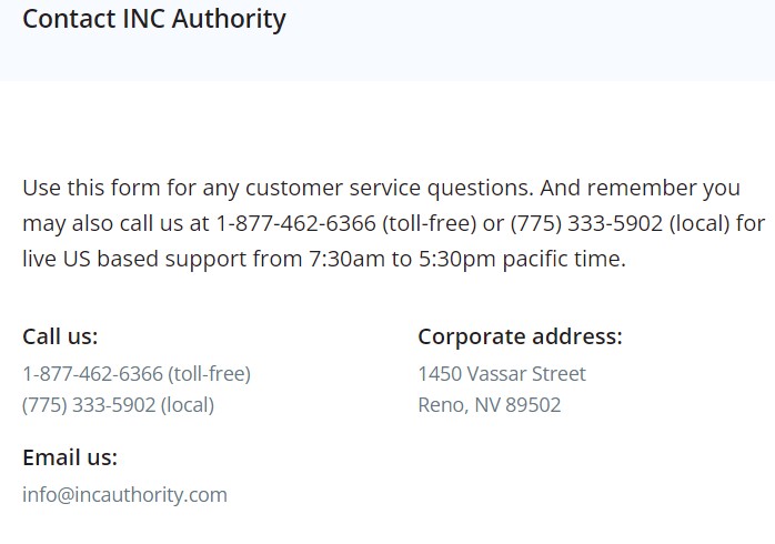 Inc Authority Contact info