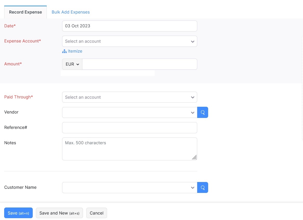 Zoho expense entry